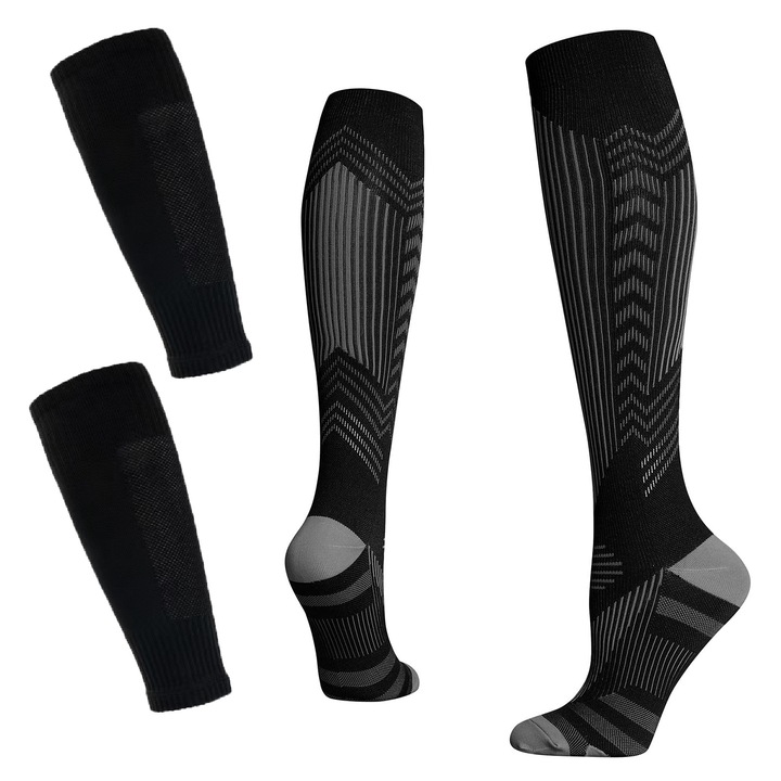 Set 4 Sosete Compresie POMAMZ, Nailon/spandex/poliester, plin de elasticitate，Se usuca rapid, absoarbe transpiratia, anti-frecare, Absorbtia socurilor, promoveaza metabolismul，reflectorizant，unisex，Negru，L/XL