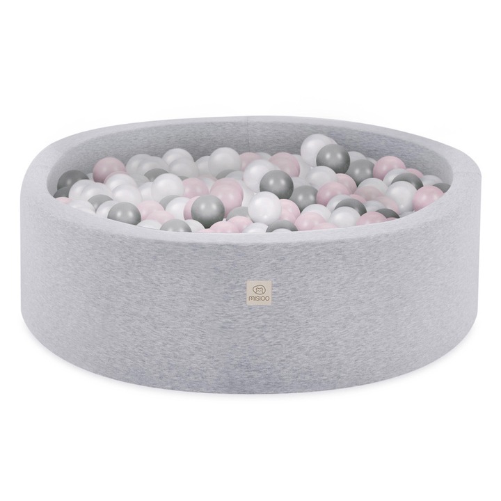 Piscina cu bile pentru copii, Misioo, Bumbac, Gri/Multicolor, 90x30 cm, 200 bile ∅6 cm