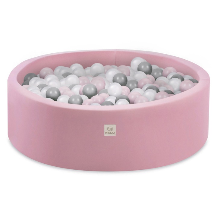 Piscina cu bile pentru copii, Misioo, Bumbac, Roz/Multicolor, 90x30 cm, 200 bile ∅6 cm