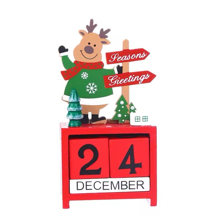 Decoratiune pentru Craciun cu figurina si calendar GAVIO®, Ren, din lemn, 13x7x3.5 cm, Multicolor