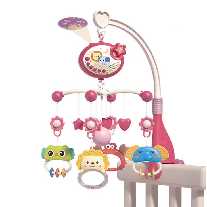 Carusel Muzical Reincarcabil pentru Patut Bebelusi, Control prin Telecomanda, Cronometru, Proiector cu Lumini si Sunete, Rotire 360°, Jucarii Detasabile - Zornaitoare si Dentitie, Cantece de Leagan/Melodii Calmante, Volum Ajustabil, pentru 0-24 Luni, Roz