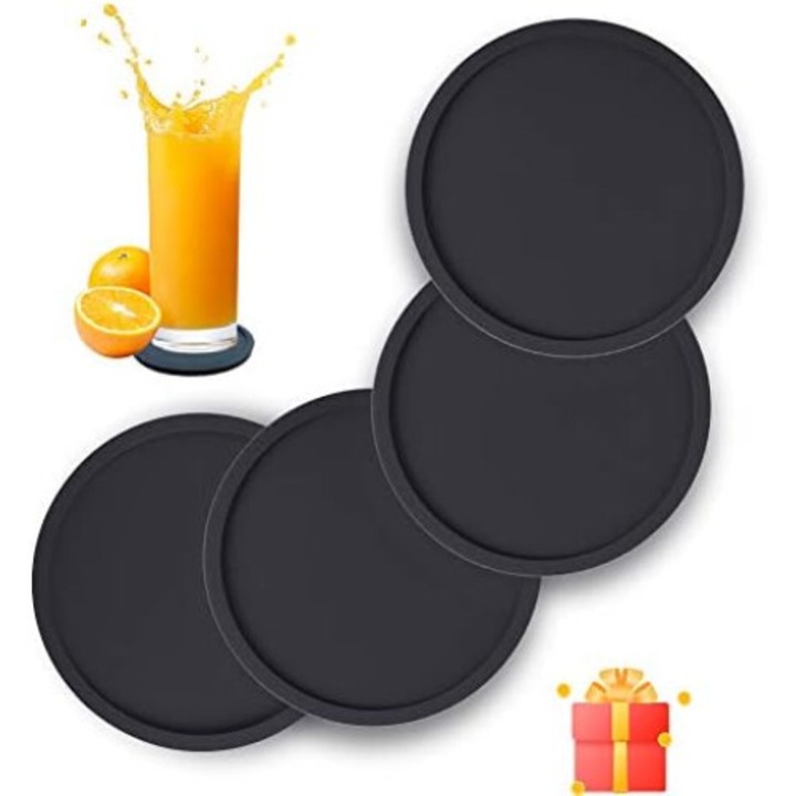 Set 4 suporturi pentru bauturi din silicon, AMRINUGL, design antiderapant, rezistente la caldura, negru