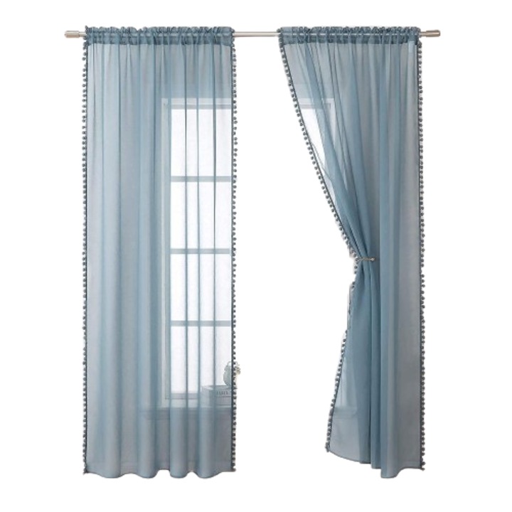 Set de doua perdele Miulee, semitransparente, cu ciucuri, 140x225cm, albastru