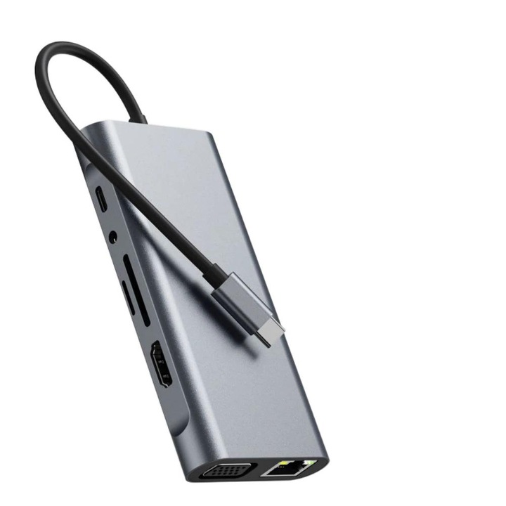 USB C хъб 11 в 1, 4K, 100W, 3 x USB 3.0, сив, 119x56x17mm