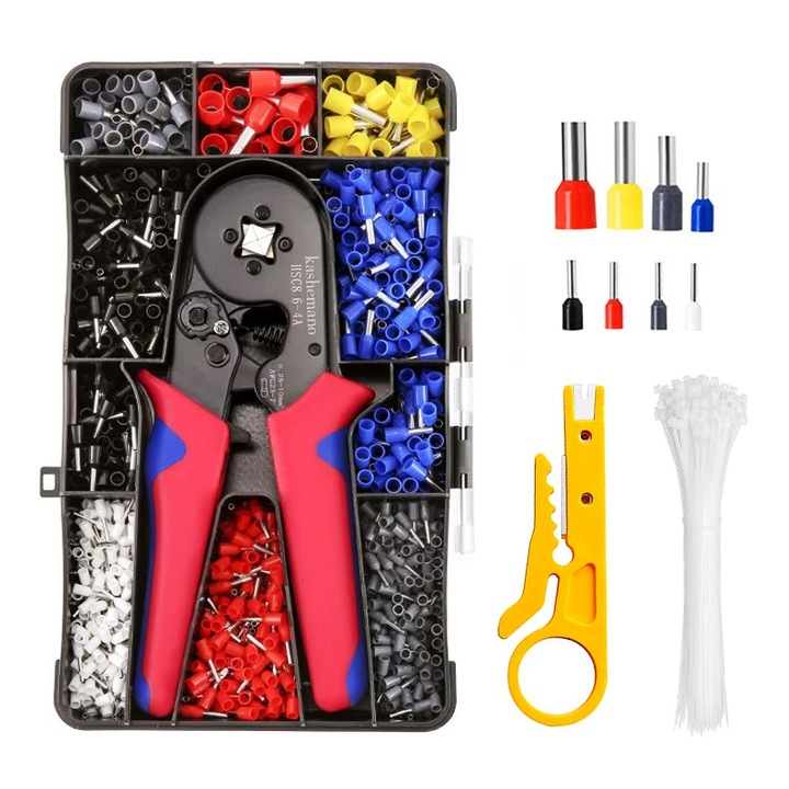Set de clesti de crimpare HSC8 6-4A, 23-7AWG, 0.25-10mm, cu 1200 terminale si 100 legaturi de cablu, rosu-albastru