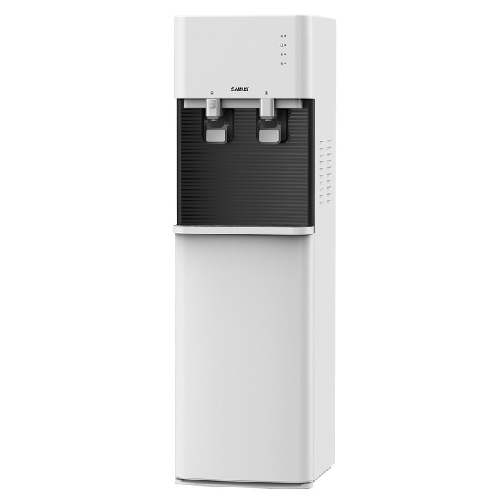 Диспенсър за вода Samus WDSF-253CW, Мощност на загряване на вода 500 W, Мощност на охлаждане на вода 85 W, Кутия 11/19 L, Зареждане отпред, Безопасност за деца, Бял