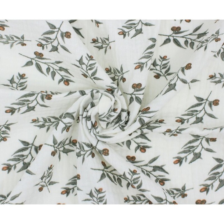 Cearceaf Prichindel, muselina, Olivia, cu frunzulite, alb, 120x60 cm