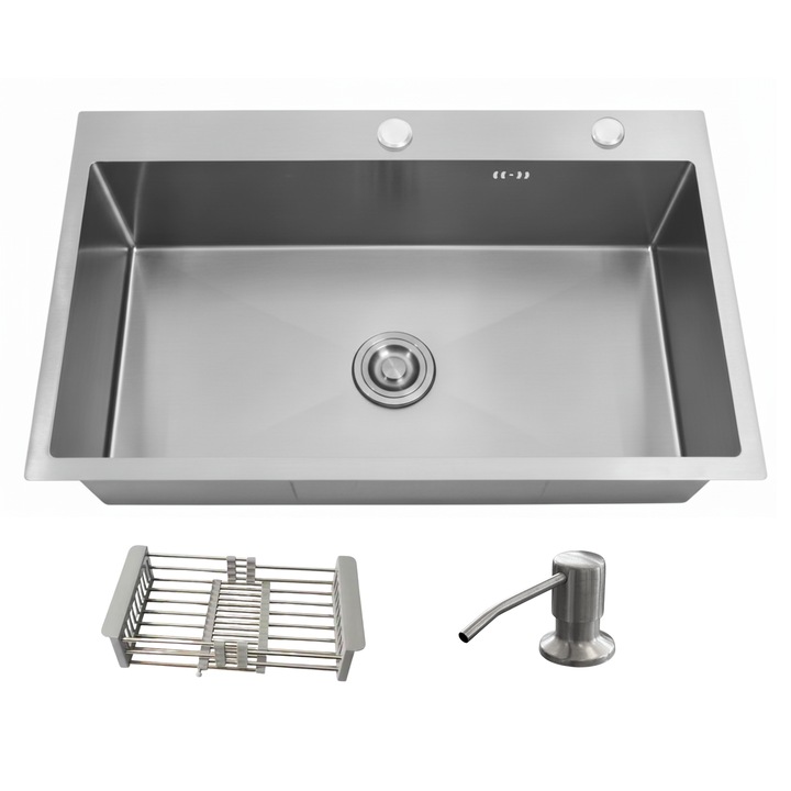 Chiuveta de bucatarie din otel SUS304 68x45x22cm, Inox cu sifon, scurgator si dozator incluse
