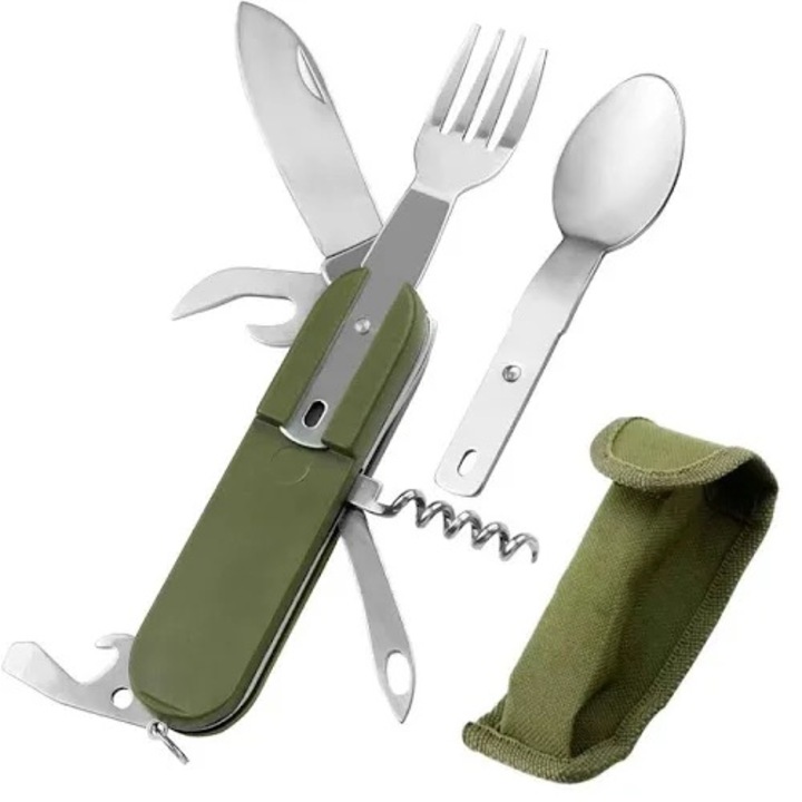 Briceag multifunctional, Portabil, Argintiu cu husa Verde