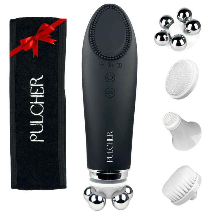 Aparat Profesional 6in1 PULCHER, pentru masaj facial, tratament si intretinere, lifting facial, drenaj limfatic, antirid, functie termo, ultrasunete, vibratii, 4 Capete, perie, Banda Negra