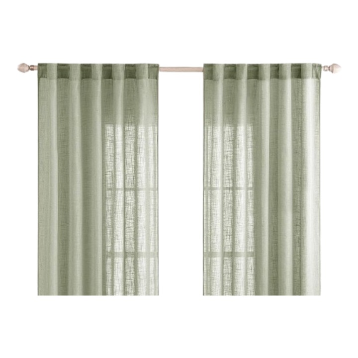 Set de doua perdele Miulee, semitransparente, aspect de in, cu tiv, 140x245cm, verde