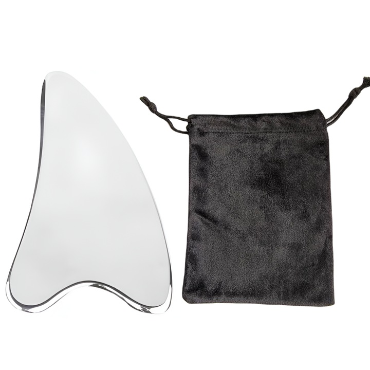 Set Format din Piatra Gua Sha Neo™ metalic, pentru ingrijire faciala prin rejuvenare si reflexologie/masaj facial, otel inoxidabil si Saculet Premium, din velur tip catifea cu snur, negru 13x18 cm