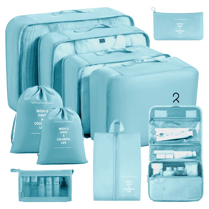 Set 10 cuburi de organizare pentru bagaje, material rezistent la apa, include sac pentru incaltaminte si mai multe, albastru