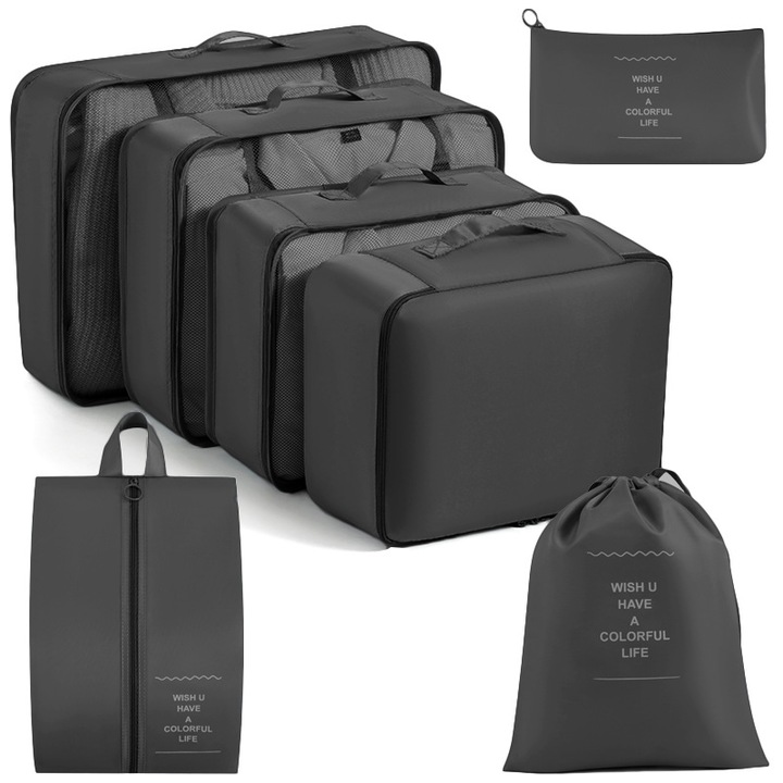Set 7， Cuburi de Organizare pentru Calatorie, Genti pentru depozitarea bagajelor，impermiabile, Material Nylon Rezistent, Include Sac pentru Incaltaminte, Negru
