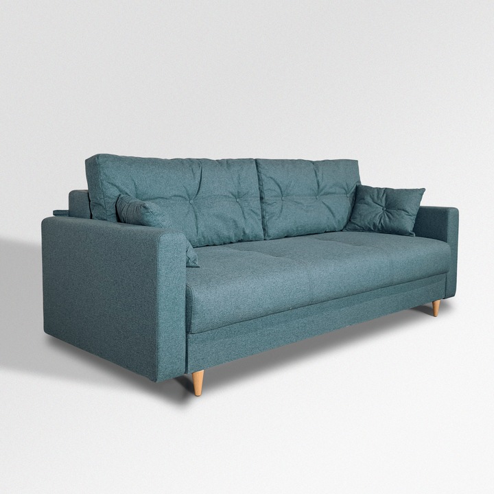 Canapea extensibila Liuba 140, Iza, pat, saltea arcuri Relaxa, lada depozitare, picioare inalte fag, perne decorative, culoare turcoaz, 220x95x73