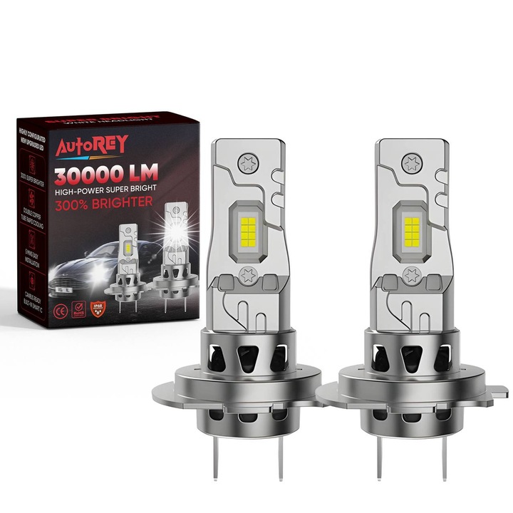Set 2 Becuri Auto LED H7, AutoREY®, Bec H7 LED, 300W, 30000LM, Cip CSP 8035 CANBUS Integrat, Temperatura 6500K Alb, Bec LED H7 cu Design Mini Plug & Play, Protectie IP68, Durata Lunga de Viata, Compatibil 12V, Iluminare Faruri Puternica