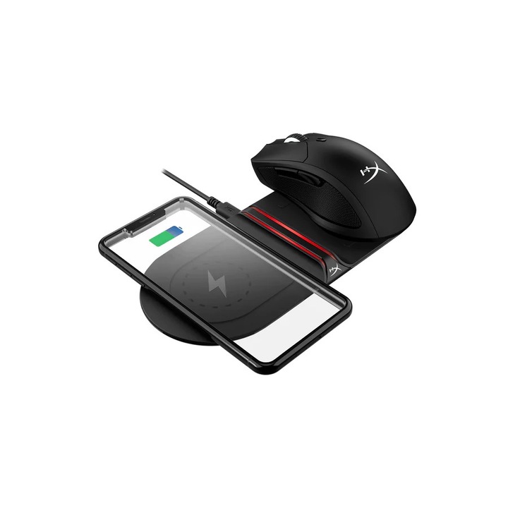 Incarcator wireless cu cablu USB, HyperX, Incarcare wireless pentru doua dispozitive, Indicatori LED care arata starea de incarcare, Adaptor AC inclus, Material: ABS, Negru