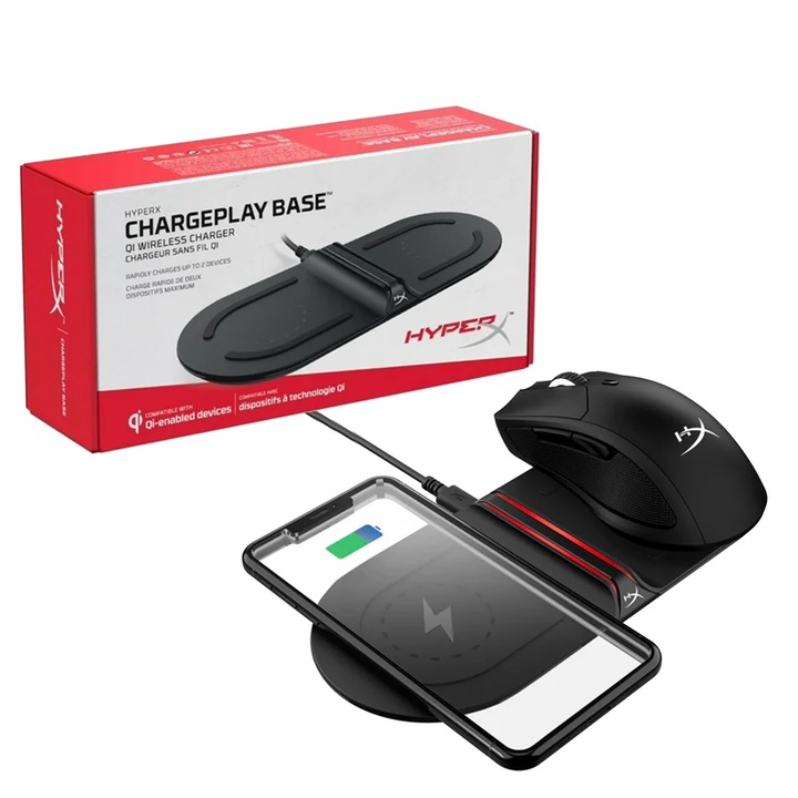 Incarcator wireless cu cablu USB, HyperX, Incarcare wireless pentru doua dispozitive, Indicatori LED care arata starea de incarcare, Adaptor AC inclus, Material: ABS, Negru