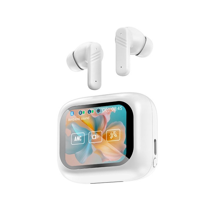 Безжични слушалки със сензорен екран, Bluetooth 5.4, шумопотискане, бели