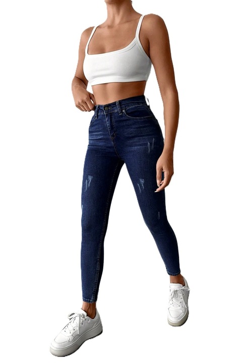 Blugi Skinny Jeans Dama, Cu Talie Inalta Si Design Simplu, Albastru inchis