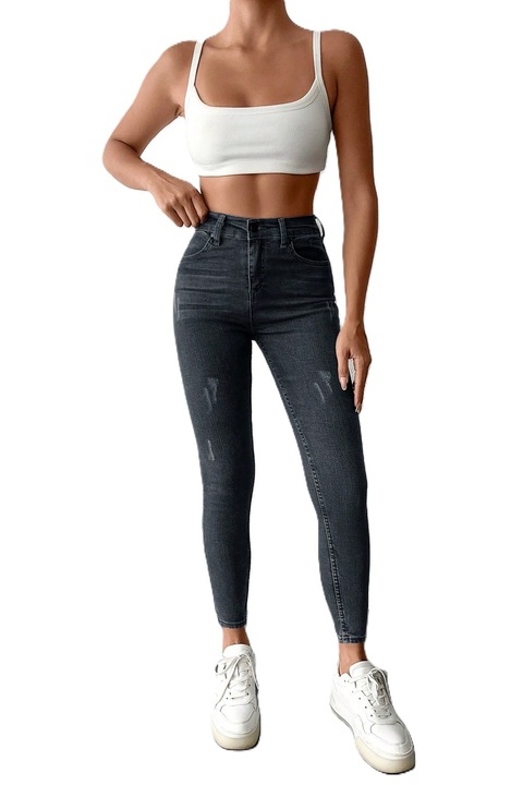 Blugi Skinny Jeans Dama, Cu Talie Inalta Si Design Simplu, Gri inchis