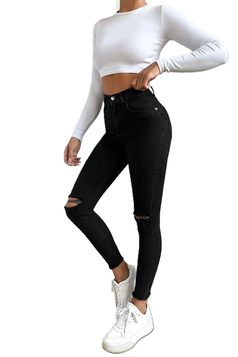 Blugi Skinny Jeans Dama, Rupti, Cu Talie Inalta, Negru