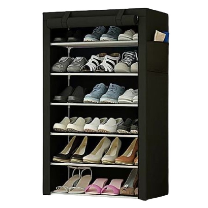 Suport pantofi, portabil, rafturi ajustabile, husa rezistenta la praf, cu buzunare laterale, usor de asamblat, pliabil, depozitare flexibila, 58 x 28,5 x 107 cm - OMARA mic