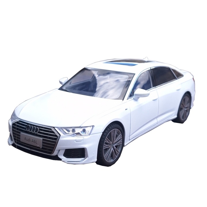 Audi A6 fém modell, 1:18 méretarányú, fényekkel, hangokkal, nyitott ajtókkal, visszahúzható motorral, fehér, Vision XXI