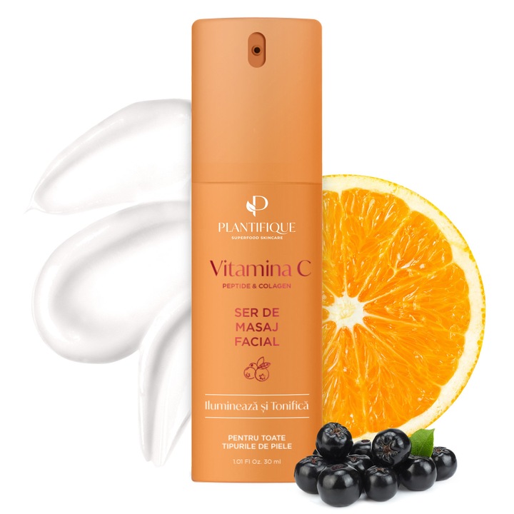 Ser PLANTIFIQUE de Masaj Facial cu Vitamina C, Peptide si Colagen, Ilumineaza si Tonifica, Anti-Aging, Hidrateaza si Imbunatateste Elasticitatea Pielii, Potrivit pentru Toate Tipurile de Ten, 30 ml