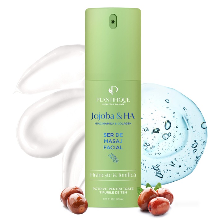 Ser PLANTIFIQUE de Masaj Facial cu Ulei de Jojoba, Acid Hialuronic si Niacinamida, Hidrateaza si Hraneste Pielea, Anti-Aging, Tonifica si Imbunatateste Elasticitatea, Potrivit pentru Toate Tipurile de Ten, 30 ml