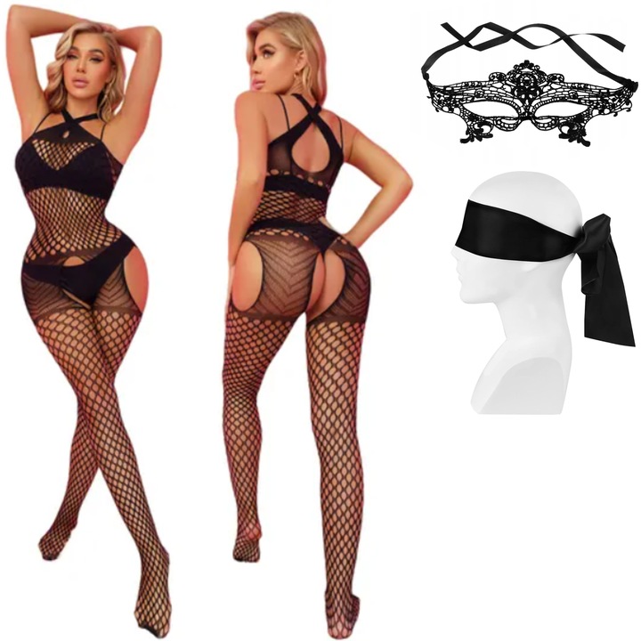 Lenjerie erotica costum sexy din plasa elastica cu romburi largi, poliamida, marime universala, cu masca dantelata si panglica satinata de ochi incluse