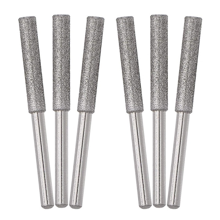 Комплект от 6 пили за заточване на вериги Yakumuz, шлифовъчна глава 4 мм, вал 3 мм, обща дължина 45,5 мм, сребристи