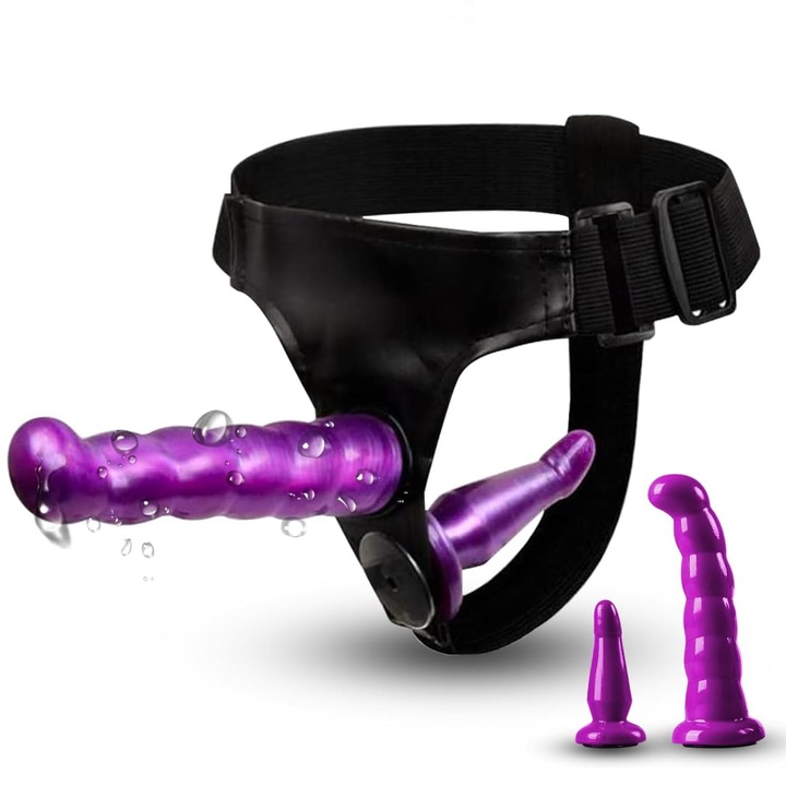 Set Strapon cu Dildo Dublu, MzcrJosv®, pentru cupluri de femei, detasabil, 18.5x3.5cm / 13x2.5cm, Silicon, Violet/Negru
