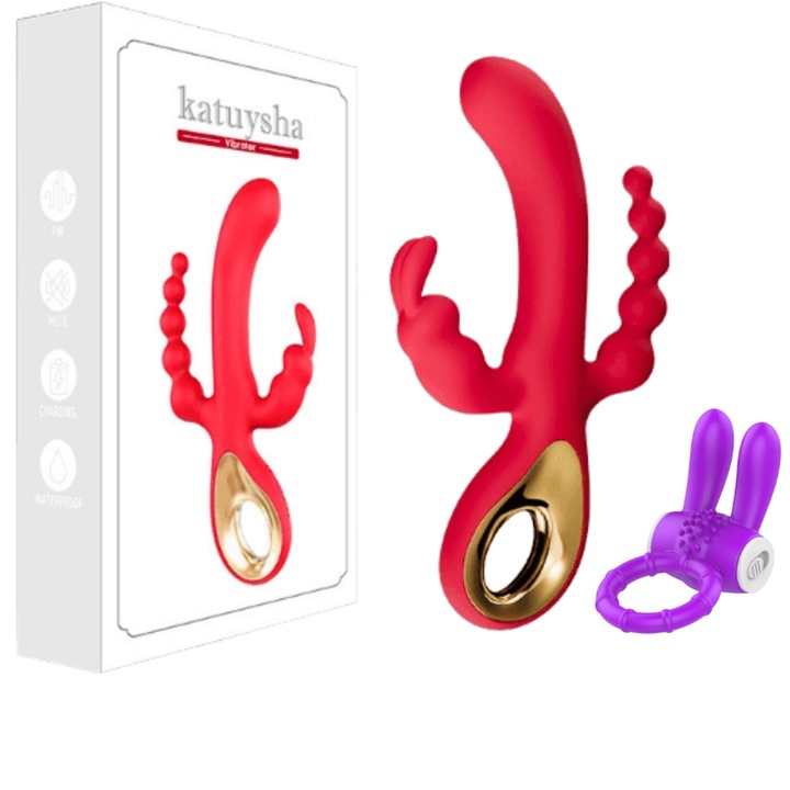 Вибратор Rabbit MzcrJosv, 10 режима на вибрация, 10 режима на проникване, Водоустойчив, Безшумен, USB-DC зареждане, Дължина 21,6 см, Червен