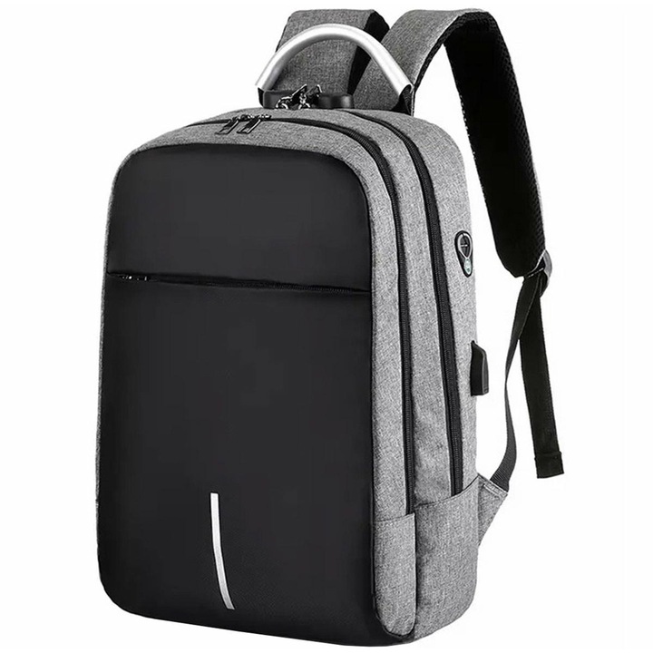 Rucsac de calatorie, Cracos®, gri, 42x28x15 centimetri, sistem antifurt, 2 buzunare principale, compartiment laptop, cablu de incarcare USB, ideal bagaj de mana