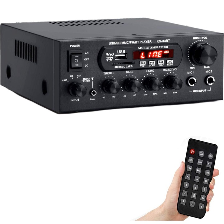 Цифров усилвател, GOSTOCK®, Bluetooth5.0/USB/SD, 2x60W, 2x500W, USB-SD входове, два входа за микрофон, MP3, FM, Дистанционно управление, Черен печат