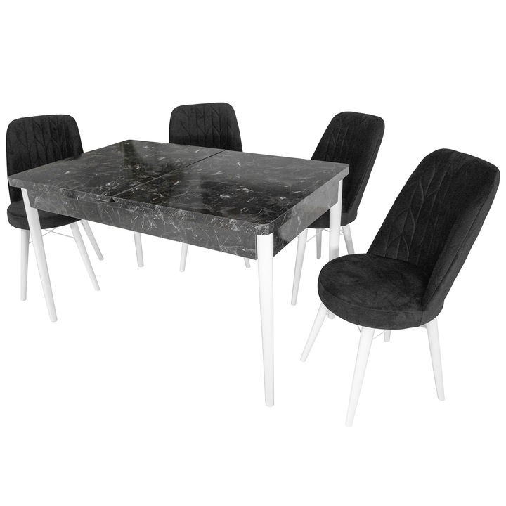 Set masa Napoli Black Marble cu 4 scaune Frankfurt negre, DENVER, extensibila, picioare vopsite alb, 130x80x76 cm