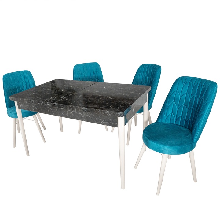 Set masa Napoli Black Marble cu 4 scaune Frankfurt turcoaz, DENVER, extensibila, picioare vopsite alb, 130x80x76 cm