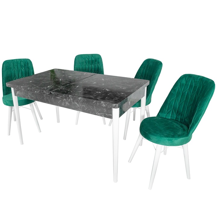 Set masa Napoli Black Marble cu 4 scaune Frankfurt verzi, DENVER, extensibila, picioare vopsite alb, 130x80x76 cm