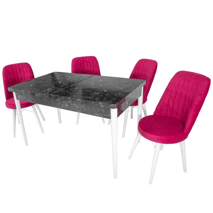 Set masa Napoli Black Marble cu 4 scaune Frankfurt visinii, DENVER, extensibila, picioare vopsite alb, 130x80x76 cm