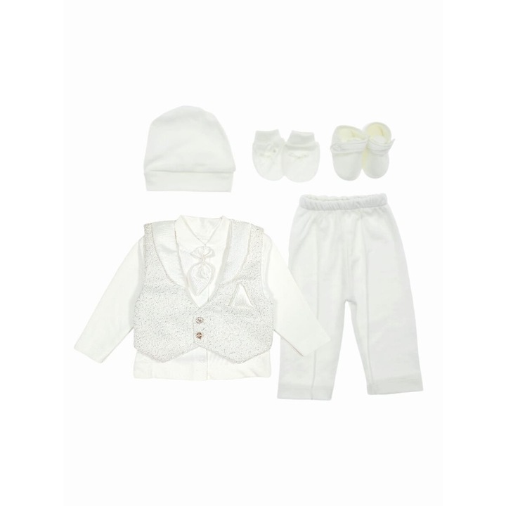 CEREMONY BABY 6 fiú keresztelőruha nyakkendővel, 6 részes, 100% prémium pamut, 0-3 hónapos (44-62 cm), Fehér/Arany