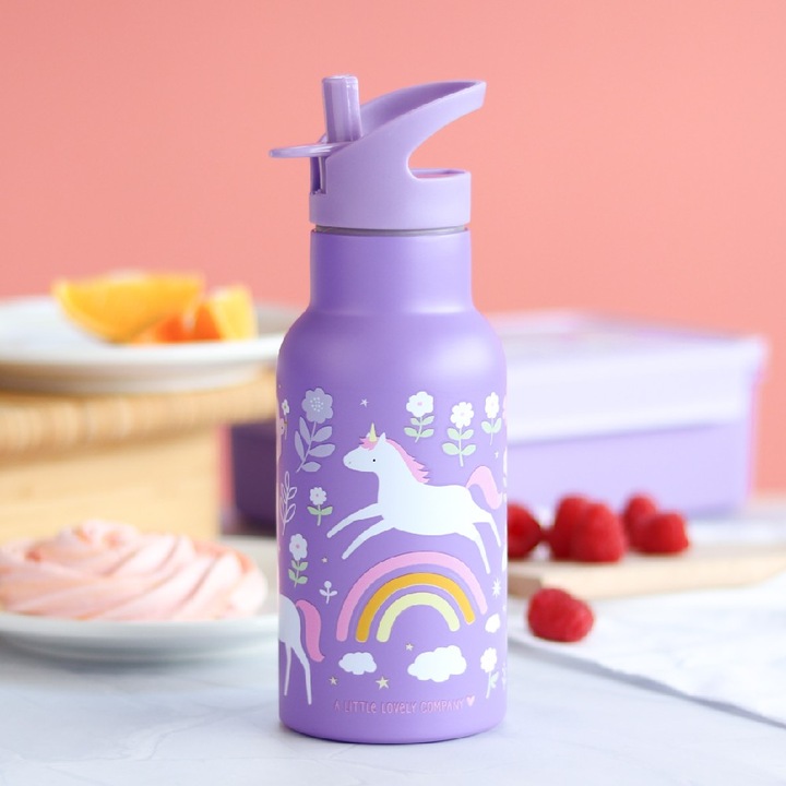 Детска бутилка за вода от неръждаема стомана, Еднорог, A Little Lovely Company, 350 мл, 6+ месеца