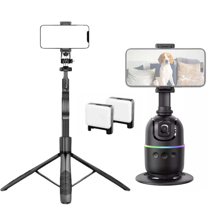 Set Gimbal Auto-Tracking AI cu Trepied, AZ Products®, Model PO3, Compatibil Telefon/DSLR/Action Cam, Bluetooth, Rotire 360°, Recunoastere Faciala, Control Gesturi, 2 Lumini LED de Umplere, Acumulator 1200 mAh, Autonomie 2–4h, Filet 1/4", Port USB-C