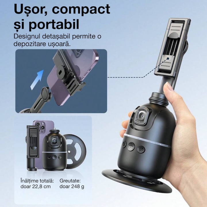 Set Gimbal Auto-Tracking AI cu Trepied, AZ Products®, Model PO3, Compatibil Telefon/DSLR/Action Cam, Bluetooth, Rotire 360°, Recunoastere Faciala, Control Gesturi, 2 Lumini LED de Umplere, Acumulator 1200 mAh, Autonomie 2–4h, Filet 1/4", Port USB-C