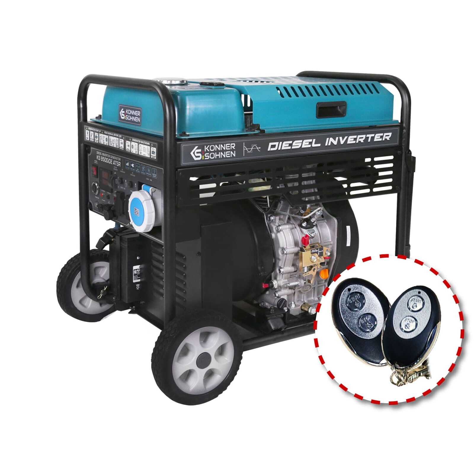 Generator diesel cu invertor Konner Sohnen, 10 kW, KS 9500iDЕATSR, 230V, pornire electrica, unda sinusoidala pura, prize 2 x Schuko 230 V, 1 x CEE 230 V 63 A, rezervor 18 l, automatizare optionala,, preincalzire