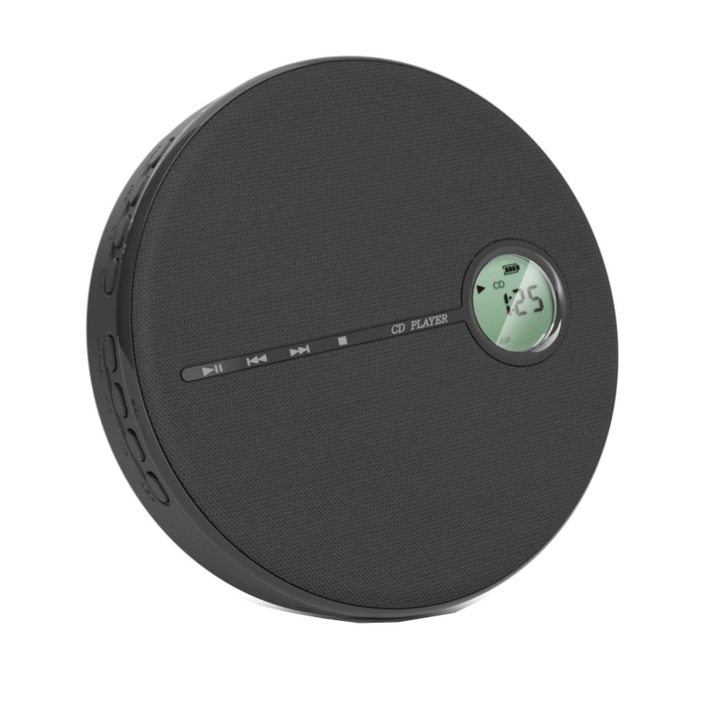 CD плейър, Bluetooth свързаност, MP3 възпроизвеждане, компактен и преносим, 2000 mah батерия, 5 режима на възпроизвеждане, черен