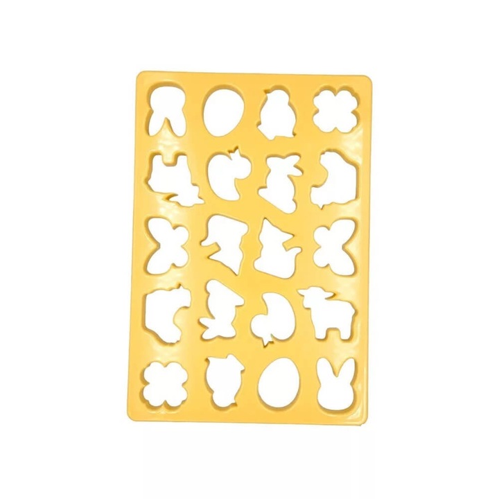 Taietor pentru prăjituri cu tematică de Paște, 20 de forme, material plastic, culoare galben deschis, dimensiune universală