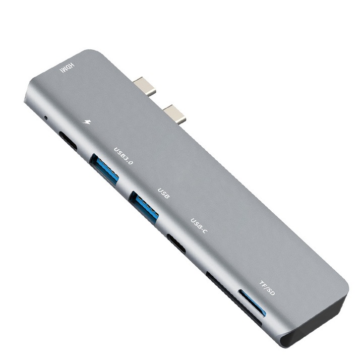 Хъб USB-C към HDMI 4K, 7 в 1, 2 USB-A порта, SD/Micro SD четец, бързо зареждане 87 W, алуминий, за MacBook