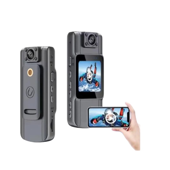 Спортна видеокамера 4K UHD, WIFI връзка, 180º ротация, видео резолюция 3840*2160, 2,4 cm дисплей, 150º ъгъл на заснемане, нощно виждане, сензор за откриване, двупосочно аудио, поддържа карта до 256 GB