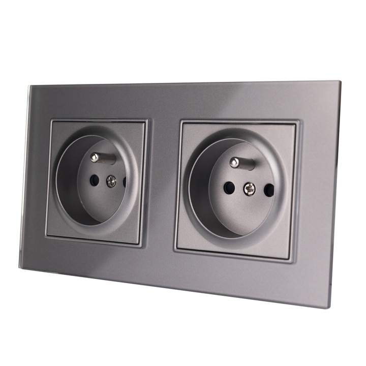 Priza electrica dubla, Appio, impamantare, gri, 15.7x8.6x4.3cm